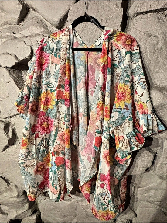 Umgee Tops - Umgee Floral Print Ruffle Sleeve Open Front Kimono Cardigan Blouse Blue & Pink